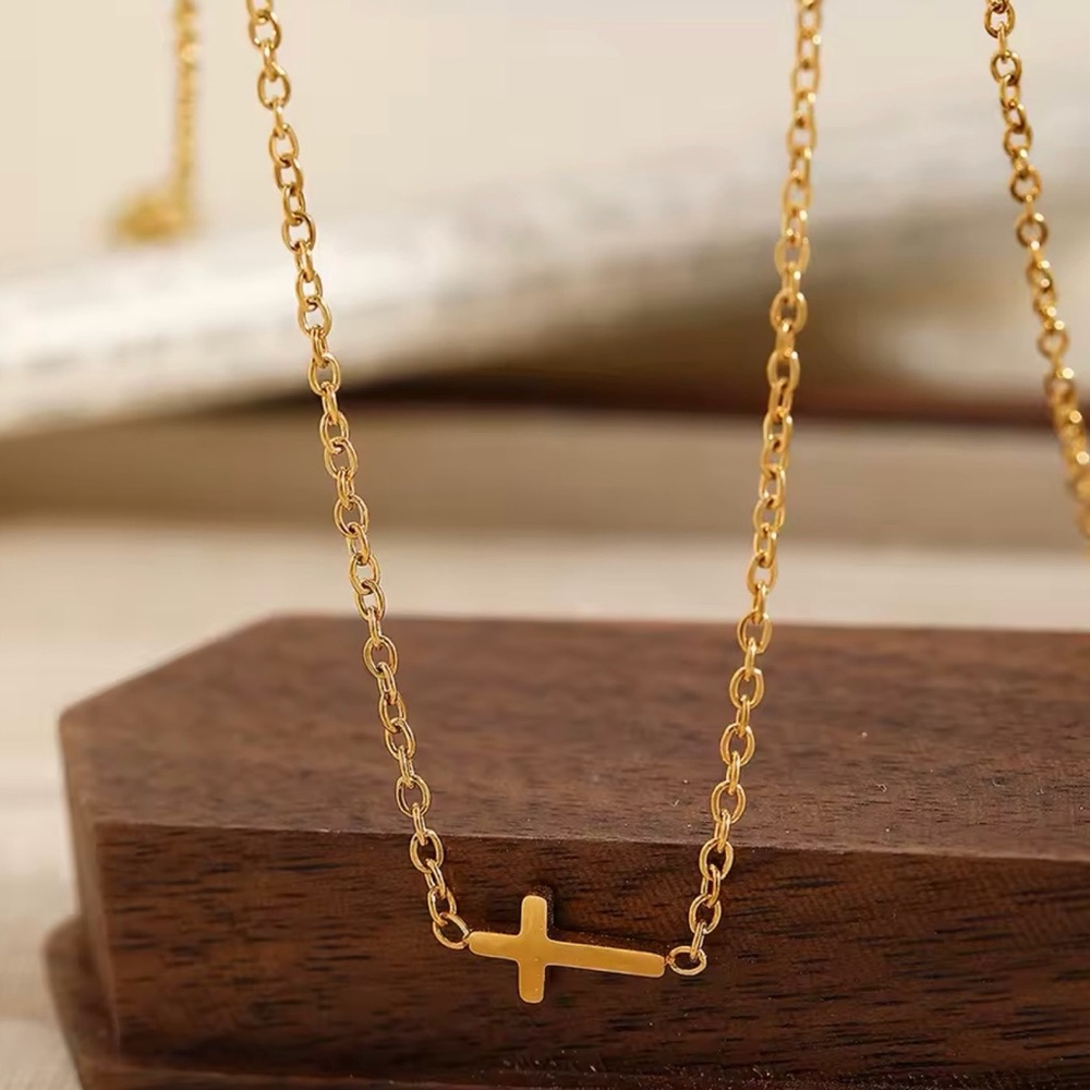 Delicate Dainty Gold Cross Necklace - Picture 4 of 5